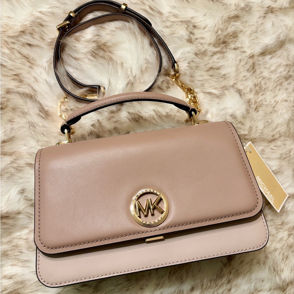 NWT MICHAEL Michael Kors Delaney Medium Leather Crossbody Satchel in pink